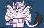 ambiguous_gender anonfurryartist anthro avali avian clothing confetti eyewear feathers gift glasses hat headgear headwear invalid_tag kerolink male party_hat pink_body purple_eyes smile solo tail