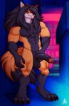 absurd_res anthro balls canid canine canis claws erection feet fur genitals hair hi_res jeanne_maku male male/male mammal michopanq muscular muscular_anthro muscular_male nipples nude pecs penis piercing simple_background smile solo tail tongue were werecanid werecanine werefox