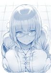  1girl bangs blue breast_squeeze breasts button_gap commentary english_commentary glasses hetero hews_hack huge_breasts looking_at_viewer monochrome paizuri paizuri_under_clothes pov shinjou_akane shirt sketch solo_focus ssss.gridman taut_clothes taut_shirt 
