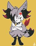 2024 absurd_res angry anthro black_body black_fur braixen chibi cigarette collar cross-popping_vein crossed_arms digital_media_(artwork) digitigrade dipstick_tail drumstick_(musical) ear_piercing fire fur generation_6_pokemon grey_body grey_fur hair hair_over_eyes hi_res inner_ear_fluff male markings nintendo piercing pokemon pokemon_(species) shoulder_tuft signature simple_background smoking solo spiked_collar spikes style_emulation tail tail_markings tuft white_body white_fur whitev yellow_background