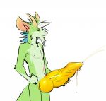 anthro big_penis blue_hair bodily_fluids bovid caprine cum cumshot dragon ejaculation facial_hair famir_(artist) famir_(character) fur furred_dragon genital_fluids genitals goat goatee green_body green_fur green_hair hair hand_on_hip hi_res horn huge_penis hybrid knot looking_at_viewer male mammal mouth_closed multicolored_hair narrowed_eyes nude penis portrait simple_background solo standing three-quarter_portrait vein veiny_penis white_background white_hair yellow_eyes yellow_horn yellow_penis