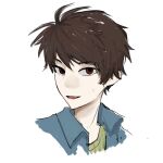  1boy baisen607 blue_shirt brown_hair collared_shirt green_sweater harada_minoru highres male_focus open_clothes open_mouth open_shirt pale_skin red_eyes ribbed_sweater saibou_shinkyoku shirt short_hair simple_background sketch smile solo sweat sweater white_background 