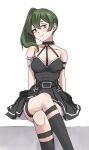  1girl armlet bags_under_eyes bare_shoulders belt black_belt black_choker black_dress black_socks blush choker closed_mouth collarbone commentary crossed_legs dress green_hair halterneck head_tilt highres o-ring purple_eyes side_ponytail sitting smile socks solo sousou_no_frieren suspenders_hanging syagare tareme thighs ubel_(sousou_no_frieren) 