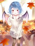  alternate_costume aran_sweater autumn_leaves bat_wings black_legwear blue_hair blurry blurry_foreground blush collarbone contemporary crepe day demon_wings depth_of_field dress eyebrows_visible_through_hair fangs feet_out_of_frame food fruit hair_between_eyes hair_ornament hairclip heart heart_necklace highres holding holding_food index_finger_raised jewelry leaf long_sleeves looking_at_viewer maple_leaf nail_polish necklace no_hat no_headwear off-shoulder_dress off_shoulder open_mouth out_of_frame outdoors pantyhose pov pov_hands red_eyes red_nails remilia_scarlet shiny shiny_hair short_dress short_hair solo_focus standing strawberry sweater sweater_dress touhou tree white_sweater wings yurara_(aroma42enola) 