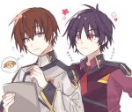  2boys black_hair brown_hair dog er1ji6ou2004 gundam gundam_seed gundam_seed_freedom happy holding holding_paper kira_yamato military military_uniform multiple_boys paper purple_eyes red_eyes shinn_asuka short_hair smile uniform 