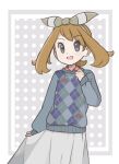  1girl alternate_costume aqua_ribbon aqua_sweater brown_hair chocomiru english_commentary green_eyes hair_ribbon long_skirt looking_at_viewer may_(pokemon) pokemon pokemon_oras ribbon shirt_under_sweater skirt smile solo sweater 