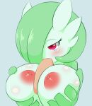2019 areola big_breasts blush breast_play breasts disembodied_penis fellatio female gardevoir generation_3_pokemon genitals hi_res holding_breast humanoid male male/female masked-agent nintendo nipples nougat_(character) oral penile penis pokemon pokemon_(species) pokemorph red_eyes sex titfuck titfuck-blowjob