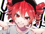  +_+ 1girl baseball_cap black_headwear blush_stickers chromatic_aberration drill_hair hair_between_eyes hat kasane_teto kasane_teto_(sv) looking_at_viewer override_(synthesizer_v) pointing pointing_at_self red_eyes red_hair red_nails shirt sidelocks smile solo synthesizer_v text_background tsuboi404 twin_drills utau white_background white_shirt 