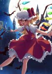  1girl ascot back_bow bat_(animal) blonde_hair bow castle collared_shirt fang feet_out_of_frame flandre_scarlet frilled_shirt_collar frills hair_between_eyes happy hat hat_bow hat_ribbon highres holding holding_polearm holding_weapon kingzhizhu laevatein_(touhou) large_bow medium_hair mob_cap multicolored_wings one_side_up open_mouth outdoors outstretched_arms polearm puffy_short_sleeves puffy_sleeves red_bow red_eyes red_ribbon red_skirt red_vest ribbon ribbon-trimmed_headwear ribbon_trim shirt short_sleeves skirt skirt_set socks solo spread_arms touhou vest weapon white_bow white_headwear white_shirt white_socks wings yellow_ascot 