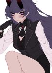  1girl alternate_costume ascot black_ascot black_gloves black_shirt black_skirt blush breasts cleavage closed_mouth gloves grey_background grey_vest honkai_(series) honkai_impact_3rd horns long_hair looking_at_viewer minxinq multicolored_eyes purple_eyes purple_hair raiden_mei raiden_mei_(herrscher_of_thunder) red_eyes shirt simple_background skirt solo vest 