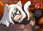  1boy 1girl :3 animal_ears ass black_cat_(marvel) bodysuit bottle breasts cat_ears cat_girl cat_tail chibi cleavage english_text felicia_hardy huge_ass kinkymation marvel medium_breasts peter_parker smile solo_focus spider-man spider-man_(series) tail wine_bottle 