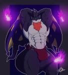 2024 abs anthro bat biceps big_muscles bulge chest_tuft clothed clothing digital_media_(artwork) fire flaming_tail flexing hi_res male mammal muscular muscular_anthro muscular_male pal_(species) palworld pecs simple_background smile solo standing tail tombat tuft wings zephir