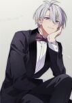  1boy ahoge aiue_o_eiua black_jacket black_pants bow bowtie brown_background closed_mouth formal grey_hair head_rest highres idolish7 jacket male_focus osaka_sougo pants purple_eyes red_bow red_bowtie shirt short_hair simple_background smile solo watch white_shirt wristwatch 