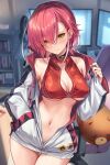  1girl blurry blurry_background blush bookshelf breasts cleavage cleavage_cutout closed_mouth clothing_cutout commentary_request cowboy_shot crop_top earrings hair_behind_ear highres jacket jewelry ks_(xephyrks) looking_at_viewer medium_breasts monitor navel open_clothes open_jacket original parted_bangs partially_unzipped red_hair short_hair smile solo stomach stuffed_toy underboob white_jacket yellow_eyes 