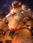  2018 body_hair bowser bracelet bulge clothing collar eyebrows fire hair horn jewelry male mario_bros muscular nintendo nipple_piercing nipples open_mouth piercing pubes red_eyes red_hair shell snartles spikes teeth thick_eyebrows thong vein video_games watermark white_skin yellow_skin 