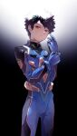  1boy adjusting_clothes black_background black_hair blue_bodysuit bodysuit closed_mouth clothes_writing cosplay frown hands_up highres interface_headset kazama_souya kzmsnmjkk looking_at_viewer male_focus neon_genesis_evangelion pilot_suit plugsuit red_eyes short_hair solo world_trigger 
