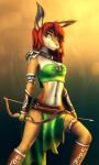  2018 5_fingers anthro arrow bandeau bow breasts clothed clothing digital_media_(artwork) female fur green_eyes hair holding_object holding_weapon lagomorph mammal midriff navel rabbit red_hair shumey smile stanidng tan_fur weapon 