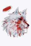&lt;3 anthro blood blood_on_face bodily_fluids canid canine canis death_(puss_in_boots) dreamworks dripping_blood fluffy fur fuzzy grin hi_res laonarou male mammal portrait puss_in_boots_(dreamworks) red_eyes showing_teeth simple_background smile solo speech_bubble white_background white_body white_fur wolf