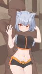  1boy 1girl absurdres animal_ears bare_arms black_shorts blush breasts clenched_teeth clothed_female_nude_male cowboy_shot headlock highres ju_ge large_breasts midriff navel nude orange_eyes original short_shorts shorts sleeveless solo stomach teeth wolf_ears 