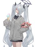  1girl absurdres armband black_bow blue_archive blush bow brown_cardigan cardigan collared_shirt cowboy_shot dark-skinned_female dark_skin echj food grey_hair hair_over_one_eye hair_ribbon halo hand_in_pocket highres holding holding_food holding_ice_cream ice_cream ice_cream_cone iori_(blue_archive) long_hair long_sleeves pleated_skirt pointy_ears red_eyes ribbon shirt skirt sleeves_past_fingers sleeves_past_wrists solo triple_scoop twintails very_long_hair 