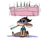 2024 2_horns antelope anthro barefoot biped birthday_cake birthday_candle bovid cake candle chico_(fuel) clothed clothing dessert english_text facial_markings falling feet food fuel_(artist) gazelle head_markings head_tuft horn imminent_mess male mammal markings motion_blur motion_lines mouth_hold party_horn shadow simple_background sitting solo sound_effects text tuft white_background