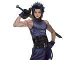  1boy absurdres af_cf belt black_gloves black_hair blue_eyes crisis_core_final_fantasy_vii final_fantasy final_fantasy_vii gloves hair_slicked_back highres holding holding_sword holding_weapon male_focus multiple_belts shirt short_hair sleeveless sleeveless_turtleneck smile spiked_hair suspenders sword turtleneck weapon white_background zack_fair 