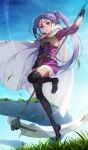  1girl arm_up belt cloak commentary fingerless_gloves full_body gloves grass hair_ornament highres holding holding_scythe holding_weapon long_hair long_sleeves mito_(sao) ponytail purple_hair red_eyes scythe solo sword_art_online taro_(ultrataro) weapon white_cloak 