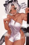  1girl animal_ears breasts covering_privates dark-skinned_female dark_skin english_commentary english_text green_eyes grey_hair highres horns indie_virtual_youtuber jewelry large_breasts leaning_forward looking_at_viewer necklace nude_cover sansin_jin scar second-party_source short_hair solo suliavtuber tail teeth thighhighs towel virtual_youtuber 