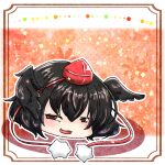  1girl bird_wings black_hair black_wings commentary_request full_body hair_between_eyes half-closed_eyes hamuya_kuzunoha. hat head_wings highres kimeemaru looking_at_viewer medium_bangs open_mouth orange_background pom_pom_(clothes) red_eyes red_headwear shameimaru_aya short_hair smile smug solo tokin_hat touhou wings yukkuri_shiteitte_ne 