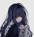  1girl bags_under_eyes black_shirt blue_hair blunt_bangs chess_piece closed_mouth dark_blue_hair frederica_bernkastel frown holding holding_chess_piece long_hair long_sleeves messy_hair pawn_(chess) purple_eyes shirt simple_background solo sweater_701 umineko_no_naku_koro_ni white_background wide_sleeves 