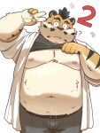 2024 anthro belly big_belly bottomwear clothed clothing clothing_lift cute_fangs eyewear felid glasses hi_res hon55728 kemono male mammal moobs navel nipples overweight overweight_male pantherine pants question_mark shirt shirt_lift simple_background solo tiger topwear white_background