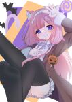  1girl animal_ear_fluff animal_ears bat_(animal) black_thighhighs blush breasts cat_ears cat_girl cat_tail fang grin hairband halloween highres jack-o&#039;-lantern long_hair long_sleeves looking_at_viewer nijisanji open_clothes panties pink_hair purple_eyes quupomg shirt sitting skirt smile solo suo_sango tail teeth thighhighs thighs underwear very_long_hair virtual_youtuber white_panties white_shirt 