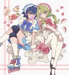  2girls apple_rabbit apron blue_dress blue_hair bubble_blowing cake cake_slice chewing_gum dress ensemble_stars! eve_(ensemble_stars!) food food_art frilled_apron frilled_dress frills fruit genderswap genderswap_(mtf) green_hair hair_between_eyes highres invisible_chair knee_pads kneehighs long_hair looking_at_viewer maid maid_apron maid_headdress meremero multiple_girls omelet omurice pink_dress pudding puffy_short_sleeves puffy_sleeves purple_eyes roller_skates sazanami_jun short_hair short_sleeves sitting skates smile socks strawberry strawberry_shortcake thighhighs tomoe_hiyori waist_apron white_apron white_thighhighs wrist_cuffs yellow_eyes 