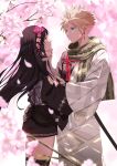  befirst_b black_hair black_kimono blonde_hair cherry_blossoms cloud_strife cloud_strife_(official_festive_garb) couple earrings final_fantasy final_fantasy_vii final_fantasy_vii_ever_crisis final_fantasy_vii_remake flower hair_flower hair_ornament hand_on_another&#039;s_chin highres japanese_clothes jewelry katana kimono official_alternate_costume petals scarf spiked_hair standing sword tassel tassel_earrings tifa_lockhart tifa_lockhart_(exotic_dress) two-tone_kimono weapon 