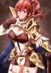  1girl absurdres anna_(fire_emblem) armor breasts cleavage closed_mouth fire_emblem fire_emblem_heroes gloves hair_between_eyes highres hip_armor index_finger_raised large_breasts long_sleeves looking_at_viewer pointing pointing_at_self ponytail red_eyes red_hair shoulder_armor smile solo steam steaming_body sweat to_(tototo_tk) 