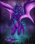 anthro arthropod blue_body blue_hair blue_horn blue_scales butterfly convenient_censorship dragon female feral glowing group hair hi_res horn insect lepidopteran night pink_eyes purple_body purple_hair purple_scales scales selianth solo water