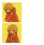  1girl :&lt; closed_mouth coat collared_coat drakeposting_(meme) index_finger_raised limited_palette meme open_clothes open_coat original panda23577667 red_coat solo template turning_head white_background yellow_background 