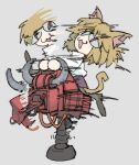 1girl :3 afterimage animal_ears blonde_hair cat_ears cat_girl cat_tail grey_background horns mechanical_bull motion_lines neco-arc pantsu-ripper red_eyes slit_pupils solo speed_lines tail tsukihime 