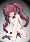  1girl absurdres black_socks blush bound bound_wrists bra breasts brown_eyes brown_hair cameltoe clenched_teeth eyepatch full_body hanazono_yurine hat highres jashin-chan_dropkick ku_koro long_hair mini_hat navel panties simple_background small_breasts socks solo teeth twintails underwear underwear_only white_bra white_panties ydayluca 