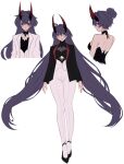  1girl alternate_costume black_dress black_jacket black_vest dress high_heels highres honkai_(series) honkai_impact_3rd horns jacket long_hair long_sleeves minxinq pants purple_eyes purple_hair raiden_mei raiden_mei_(herrscher_of_thunder) solo vest white_jacket white_pants white_vest 