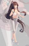  1girl alternate_costume bare_shoulders blush bra breasts brown_hair capri_pants cleavage collarbone crossed_legs full_body hair_intakes highres himeyamato kantai_collection large_breasts long_hair looking_at_viewer navel open_mouth pants ponytail purple_eyes shoes sidelocks smile sneakers underwear very_long_hair watson_cross white_bra white_footwear yamato_(kancolle) 