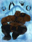 anthro ball_gag bear biceps boots chaps clothing collar dominant dominant_male eyebrows facial_piercing fingerless_gloves footwear gag gloves grisser handwear harness head_on_hand hi_res ice jockstrap leather leather_clothing leather_gloves leather_handwear leather_harness looking_at_viewer male mammal manly musclegut muscular navel nipple_piercing nipples nose_piercing nose_ring pecs piercing raised_eyebrow ring_piercing shirtless solo spread_legs spreading triceps underwear