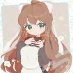  1girl anzen_robo_(474zz) apron brown_hair doki_doki_literature_club flower green_eyes grey_sweater hair_ribbon light_smile long_hair looking_at_viewer monika_(doki_doki_literature_club) ribbon sweater twitter_username upper_body very_long_hair white_apron white_ribbon 