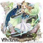  blonde_hair blue_footwear blue_skirt cape circlet column company_name copyright_name dress elbow_gloves fairy flower full_body gears gloves green_cape green_skin hair_flower hair_ornament holding holding_sword holding_weapon kasuka108 long_hair looking_at_viewer multiple_girls official_art pillar skirt smile sword vital_gear watermark weapon white_background white_dress white_gloves 