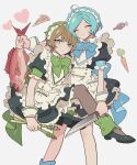  2boys ahoge alternate_costume animal apron asparagus black_dress blue_bow blue_eyes blue_hair bow brown_hair carrot closed_eyes closed_mouth crossdressing dress enmaided ensemble_stars! feet_out_of_frame fish food frilled_apron frills full_body green_bow heart highres holding holding_animal holding_fish holding_knife knife looking_at_viewer maid maid_headdress male_focus male_maid meremero multiple_boys pizza pizza_slice puffy_short_sleeves puffy_sleeves red_snapper shinkai_kanata short_hair short_sleeves sitting smile takamine_midori waist_apron white_apron white_background wrist_cuffs 
