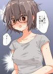  1girl black_eyes black_hair blush breasts covered_nipples glasses grey_background highres matsuda_hikari medium_breasts messy_hair open_mouth original shirt short_hair simple_background speech_bubble sweat t-shirt 