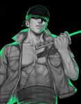  1boy abs absurdres b00gie_rvac bandana black_background earrings greyscale haramaki hat_over_one_eye highres holding holding_sword holding_weapon jacket jewelry looking_down male_focus monochrome muscular muscular_male one_eye_closed one_piece open_clothes open_jacket parted_lips pectorals roronoa_zoro scar scar_across_eye scar_on_chest scar_on_face single_earring solo spot_color sword upper_body veins veiny_arms weapon 