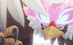  animal_focus anniversary bird close-up closed_mouth commentary_request copyright_name green_eyes hisuian_braviary komepan looking_to_the_side no_humans pokemon pokemon_(creature) solo talons twitter_username white_background 