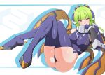  ass bare_shoulders blush breasts cosmic_break crossed_legs detached_sleeves frau_adone green_hair highres hime_cut itntn large_breasts leotard long_hair looking_at_viewer mecha_musume purple_eyes sidelocks thighhighs thighs 