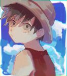  1boy back black_hair close-up cloud commentary_request hat highres looking_at_viewer looking_back machida_0906 male_focus monkey_d._luffy one_piece red_shirt scar scar_on_face shirt short_hair sky solo straw_hat 